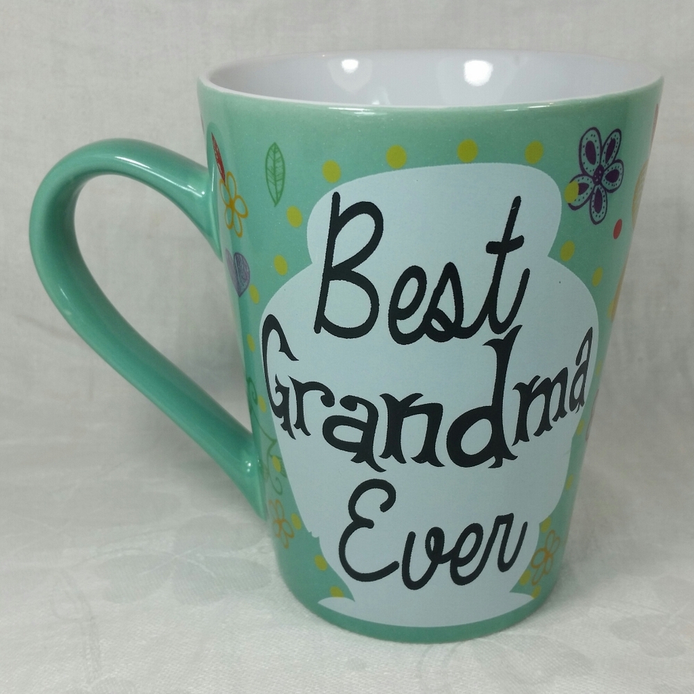 KINREX "Best Grandma Ever" MUG 12 oz Cup Green with Hearts & Flowers Ceramic